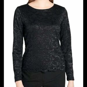 NWT Calvin Klein Metallic Lace Long Sleeve ** Top - Black, Size XL